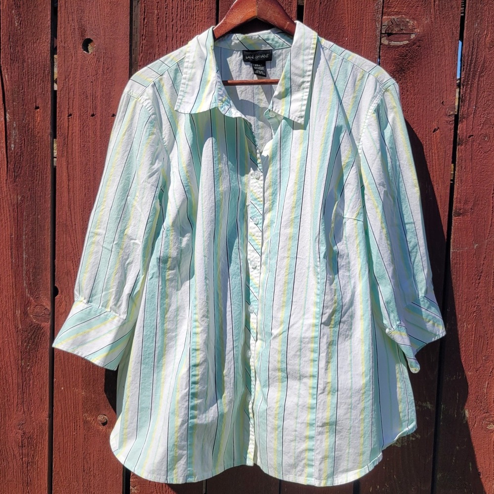 Lane Bryant Women 22/24 Striped Button Down Shirt 3/4 Sleeve Mint Yellow White